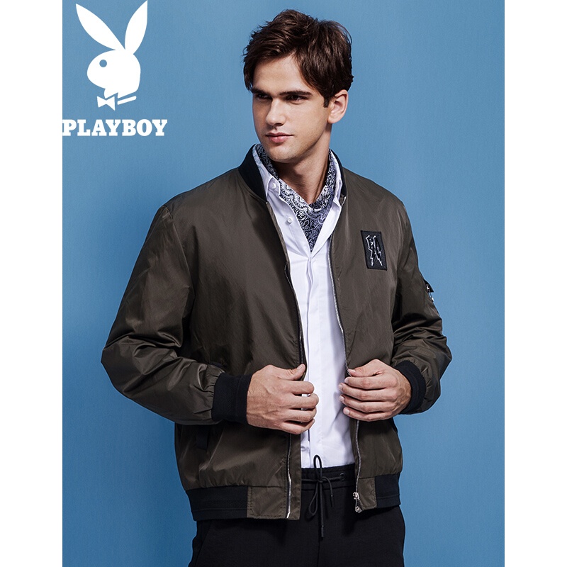 花花公子(PLAYBOY)2017秋季新款夹克男士外套潮流时尚男夹克男士青年棒球夹克军绿色