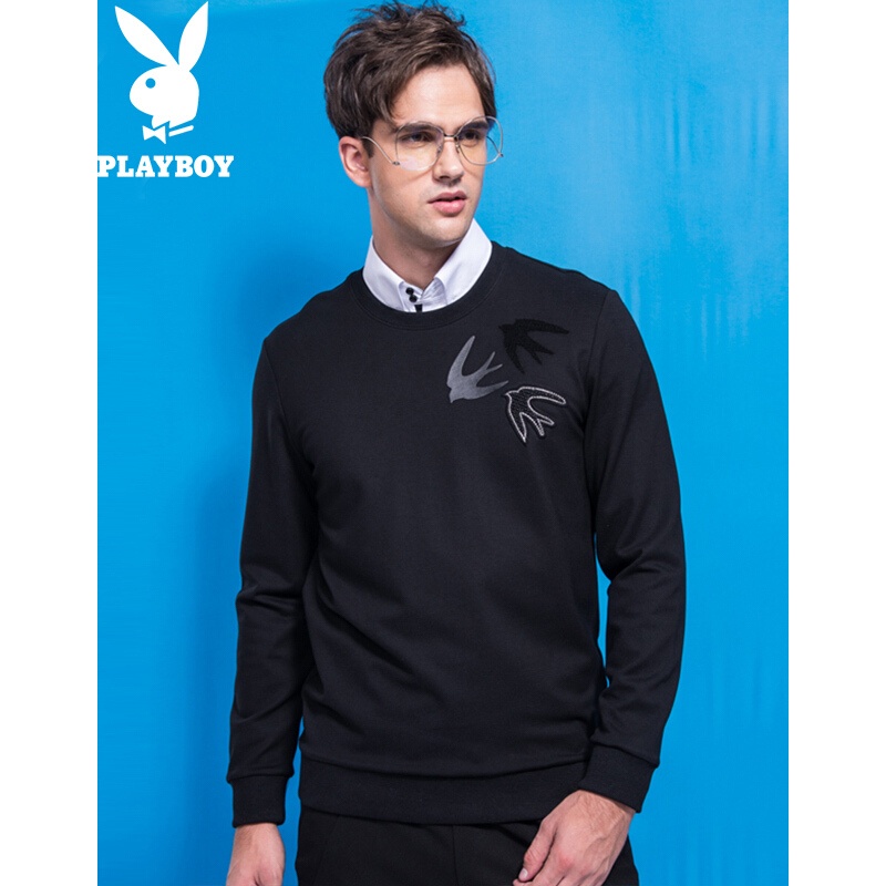 花花公子(PLAYBOY)卫衣男秋季新款黑色男士长袖青年时尚简约上衣修身百搭黑色