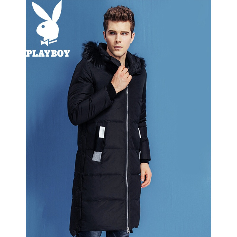 花花公子(PLAYBOY)羽绒服男冬季加厚保暖毛领青年男士韩版潮流时尚男装外套黑色