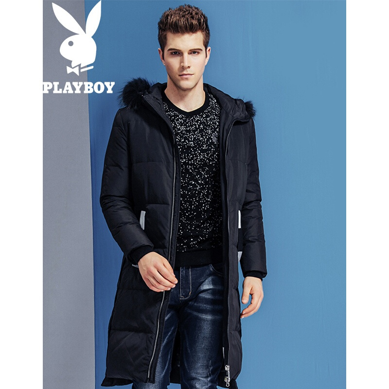 花花公子(PLAYBOY)羽绒服男冬季加厚保暖毛领青年男士韩版潮流时尚男装外套黑色