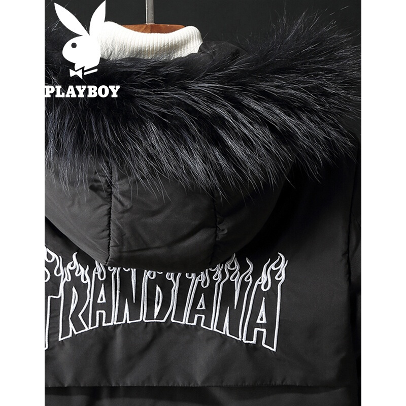 花花公子(PLAYBOY)羽绒服男冬季加厚保暖毛领青年男士韩版潮流时尚男装外套黑色