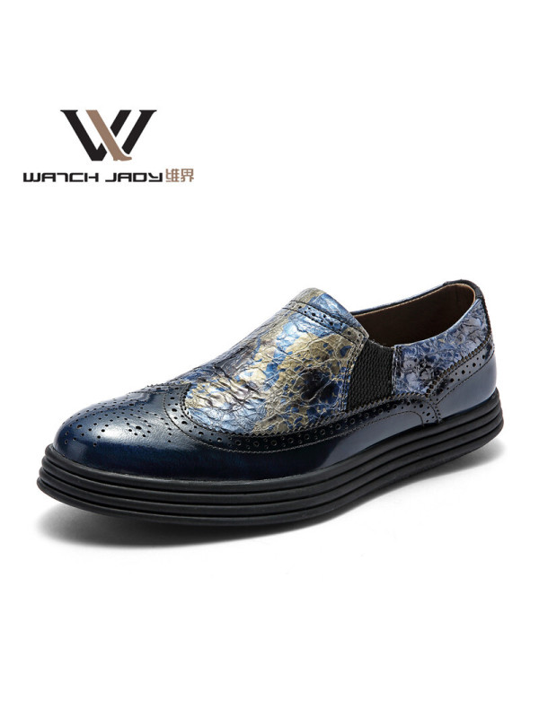 维界热卖舒适牛皮布洛克休闲鞋