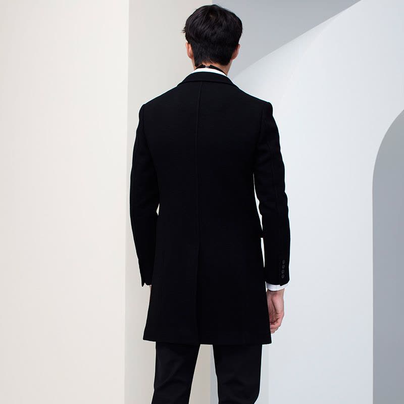 GXG大衣男冬季时尚西装领修身单排扣黑色中长款羊毛毛呢大衣外套图片