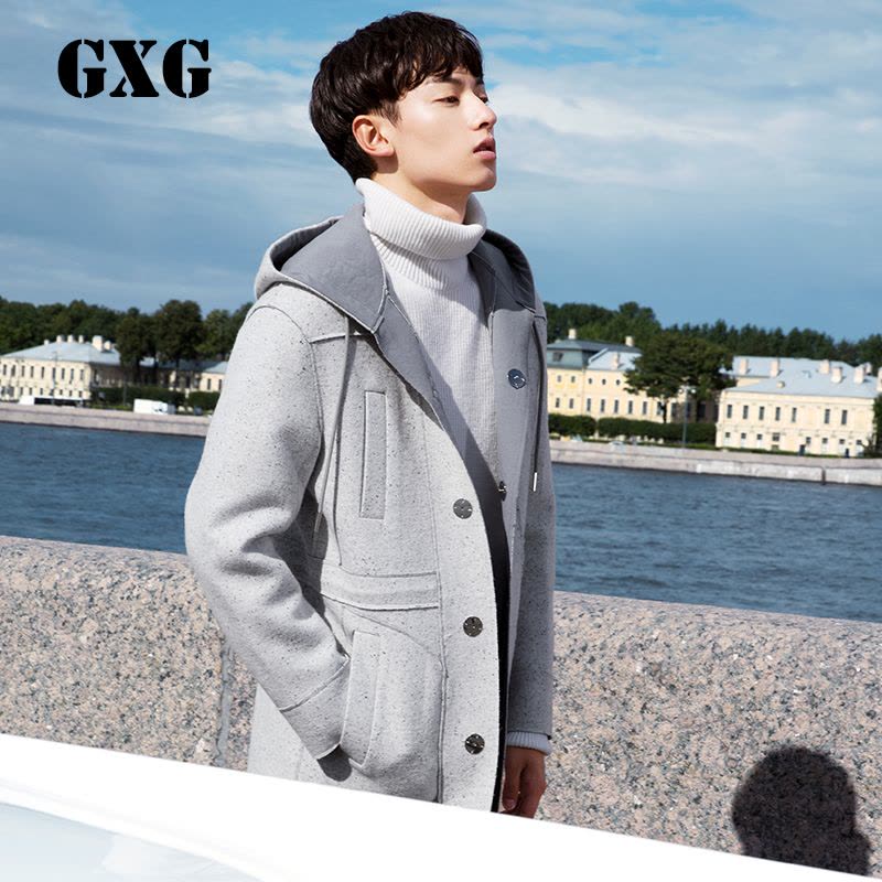 GXG男装冬季修身外套男灰色韩版加长款毛呢大衣_1图片