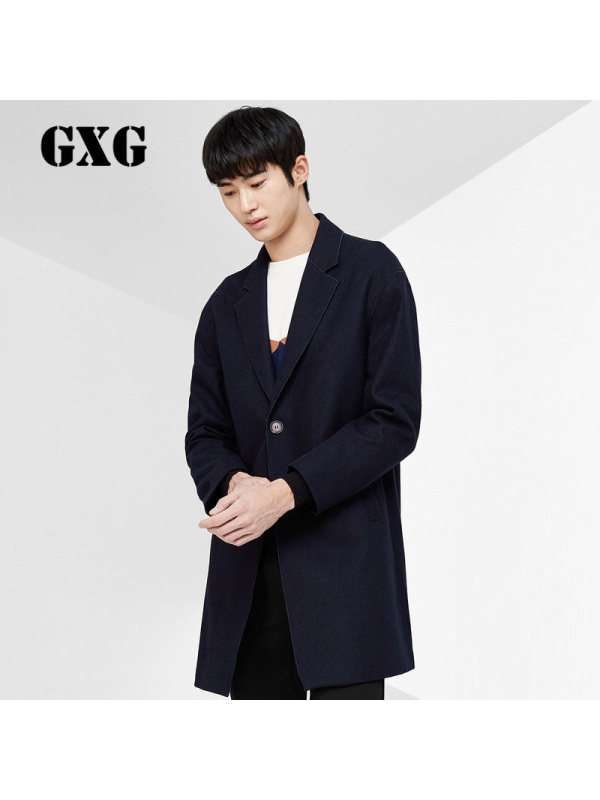 GXG毛呢大衣男装春季修身藏青色长款羊毛呢大衣外套男