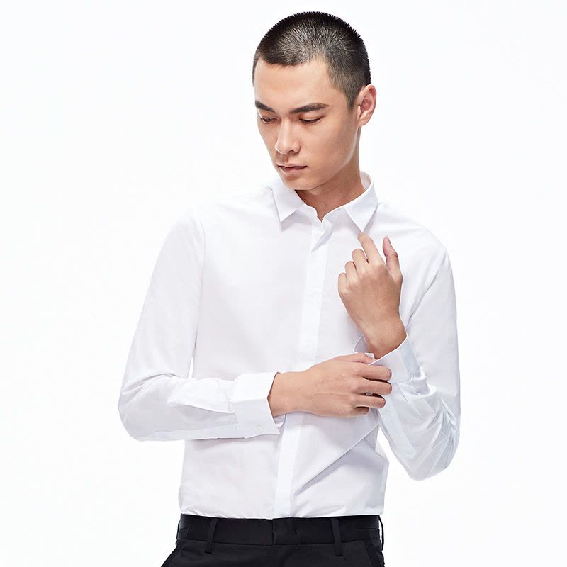 GXG长袖衬衫男 白色棉男士春季休闲暗扣新款气质白衬衫结婚图片