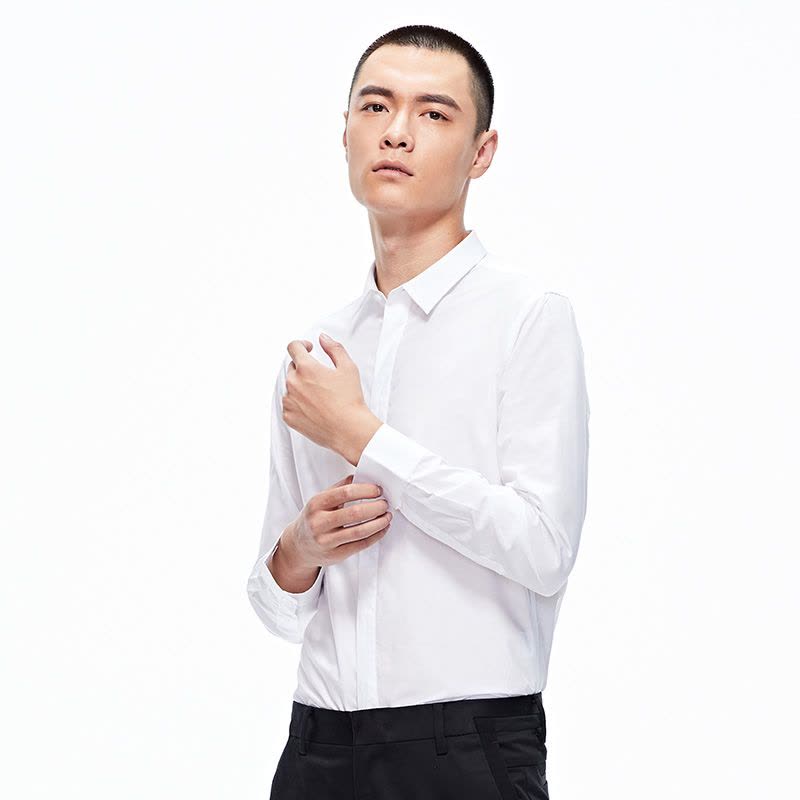 GXG长袖衬衫男 白色棉男士春季休闲暗扣新款气质白衬衫结婚图片
