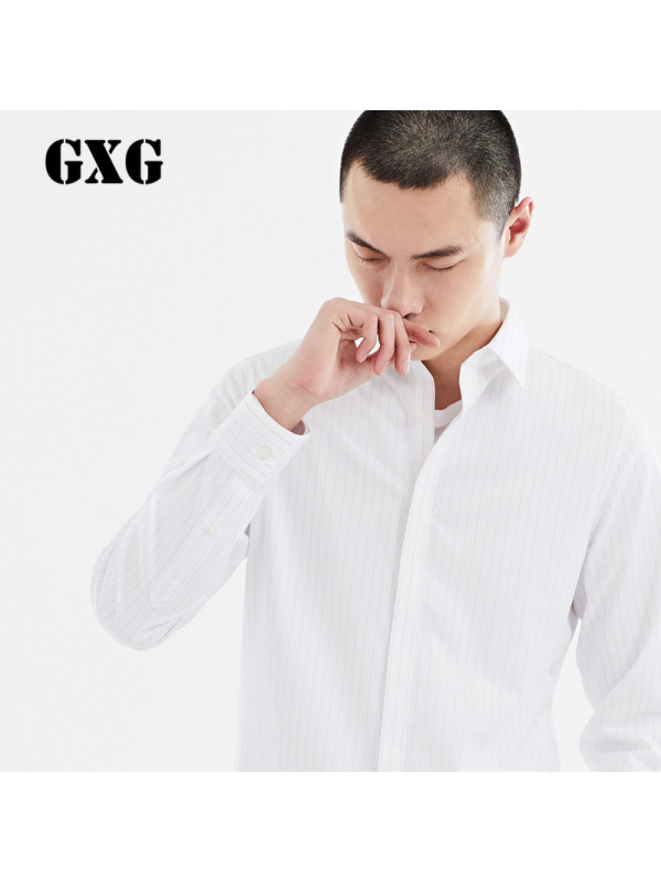 GXG长袖衬衫男装春季男士修身休闲白底蓝条衬衫潮_2
