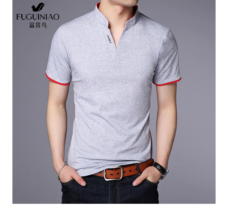 fgn/富贵鸟夏季男士立领短袖t恤纯色男式体恤衫青年休闲上衣短袖