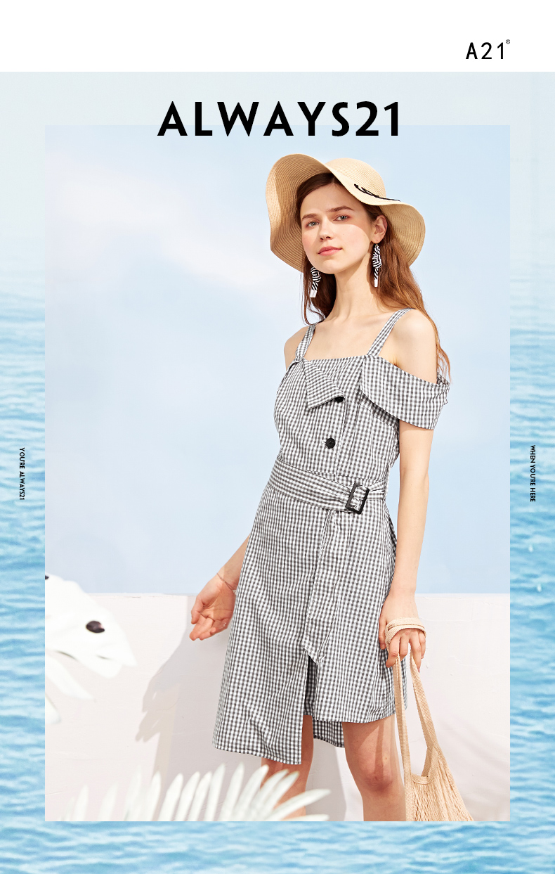 a21以纯线上品牌2018夏装新品女装连衣裙格子不规则绑带女生裙子
