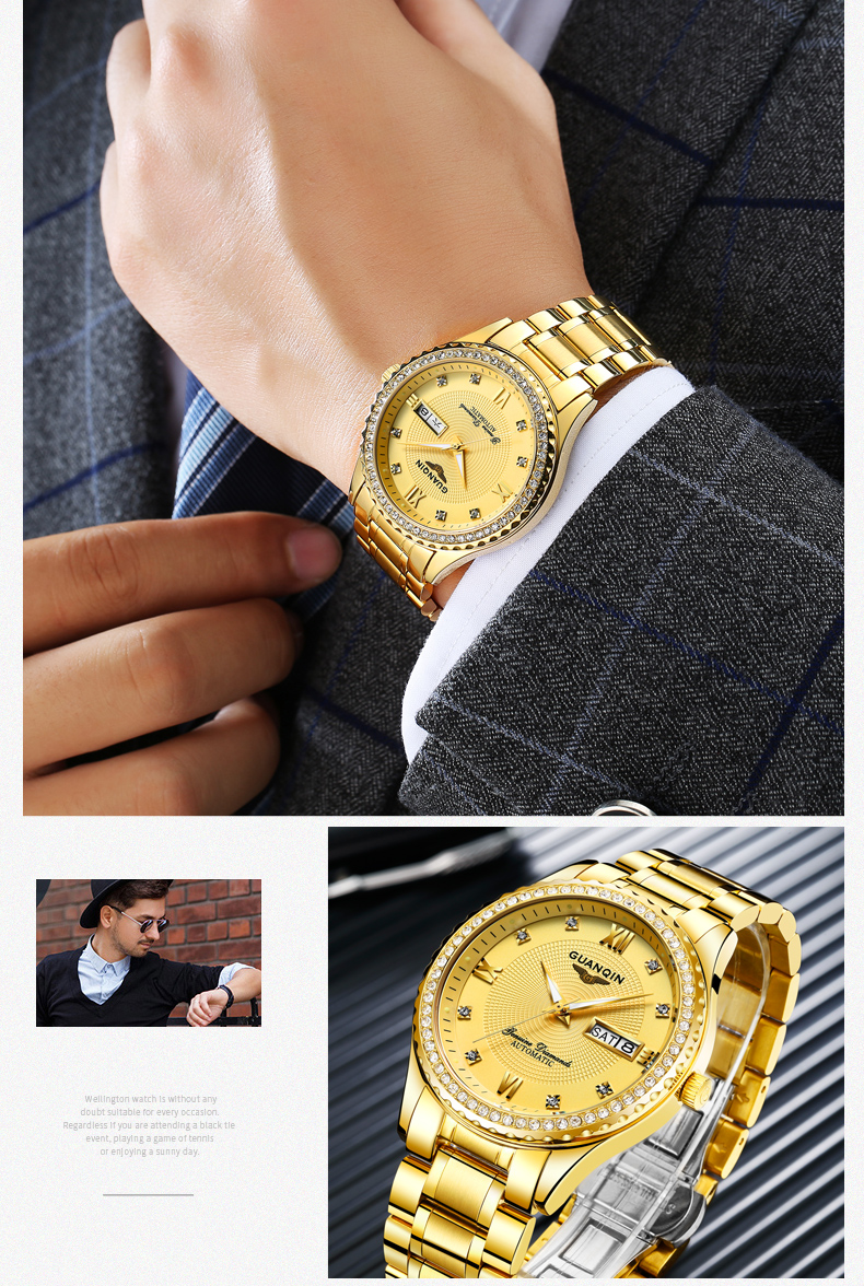 【冠琴(guanqin)机械表gj16063】 冠琴手表男表全自动机械表镀金双