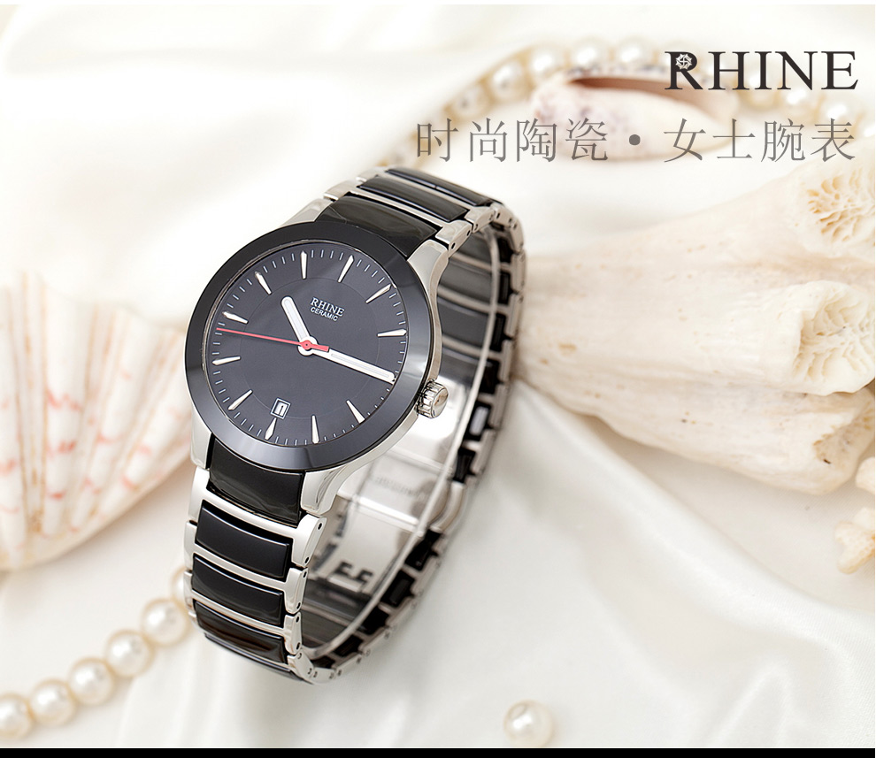 自营rhine莱茵手表陶瓷情侣表女表陶瓷表带防水时尚女士手表腕表r8