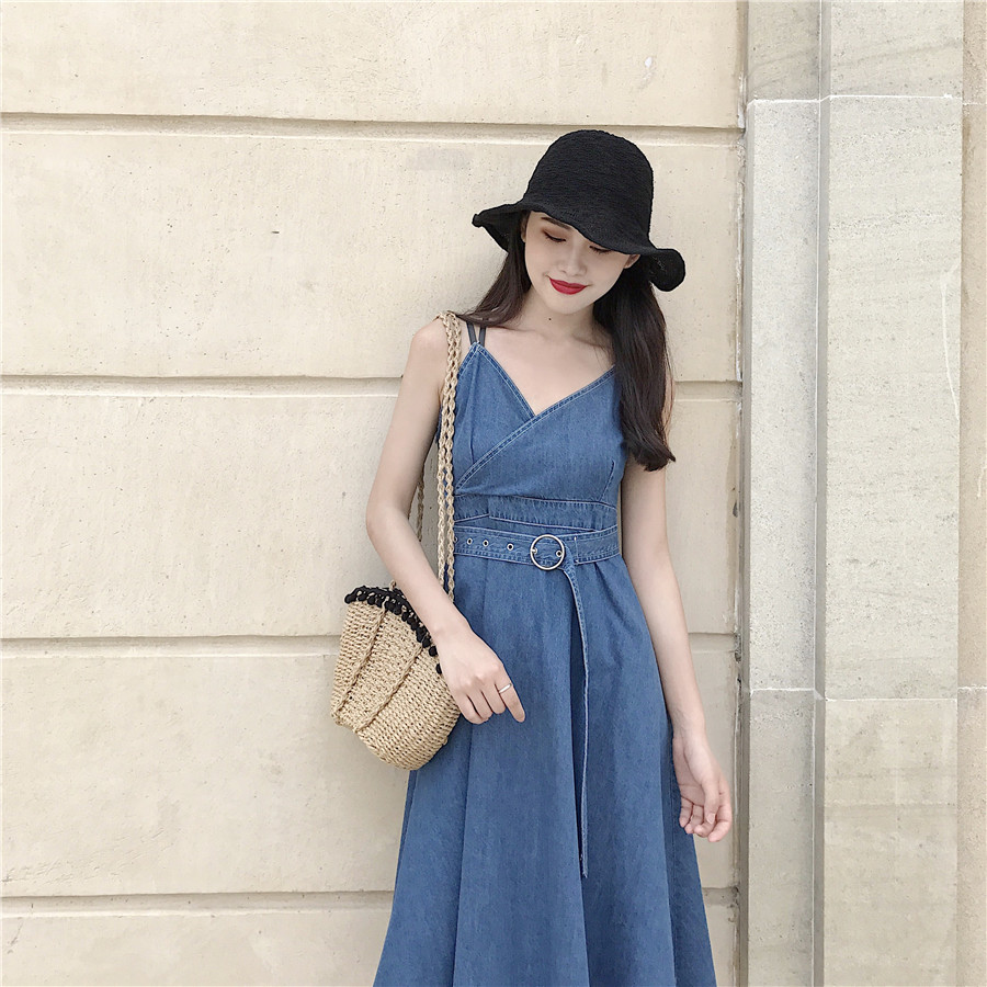 828新款百搭纯色吊带裙交叉性感长款磨毛连衣裙显瘦牛仔裙