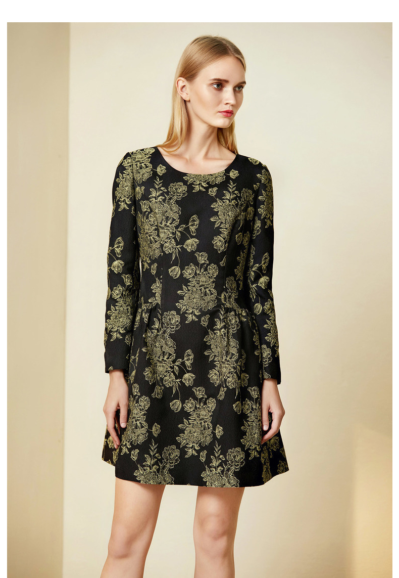 欧柏兰奴连衣裙秋季印花收腰显瘦连衣裙a字裙中长款