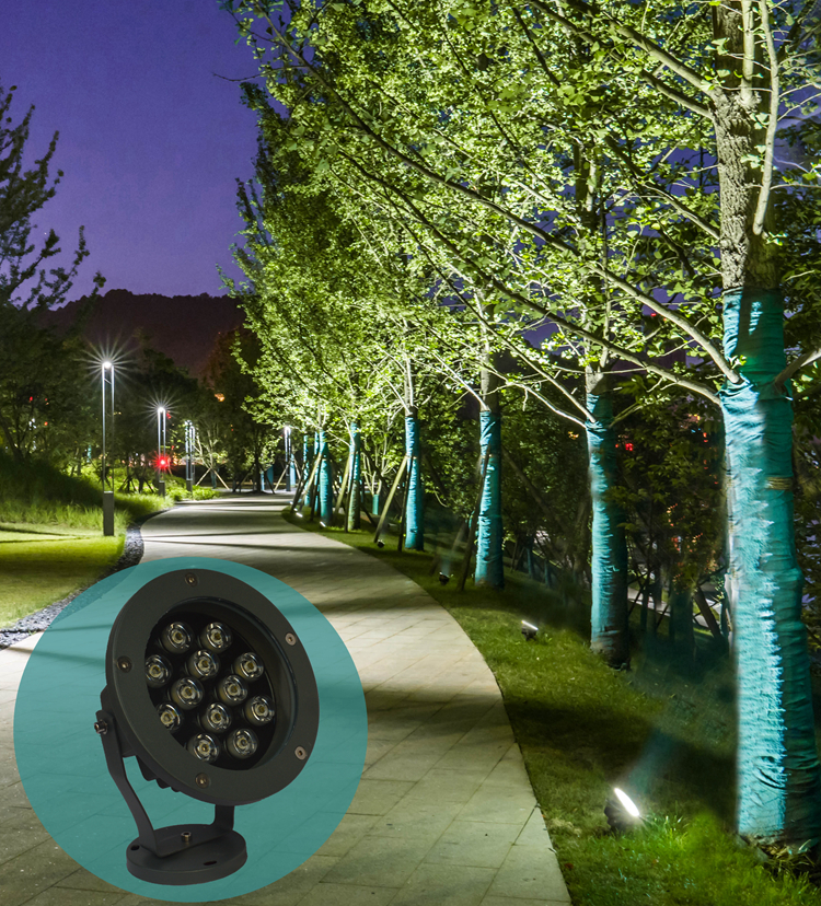 led圆形投光灯七彩户外防水地插坪投射灯3w6w9w12w18w24w36