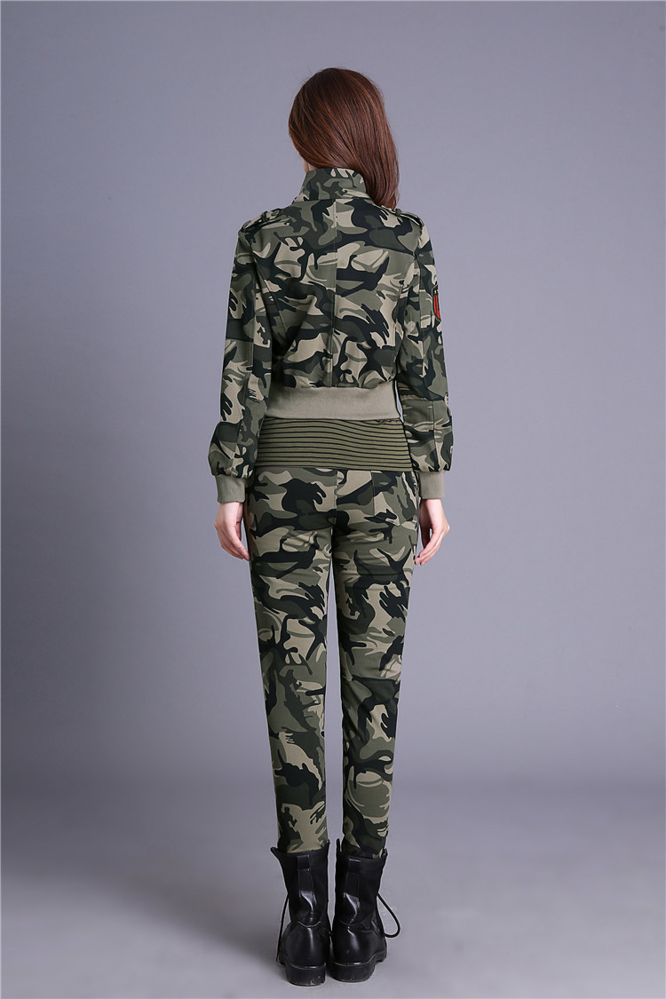 hoscene秋装户外水兵舞服装女三件套迷彩服女套装修身显瘦军女服装军