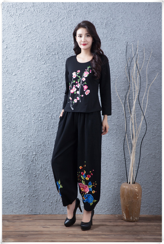 民族风加厚竹节棉麻绣花阔腿裤灯笼裤女长裤子中老年妈妈裤唐装裤