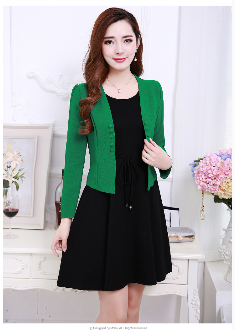 qma新款春秋套装裙2017新款大码女装韩版修身九分袖小西装连衣裙两件