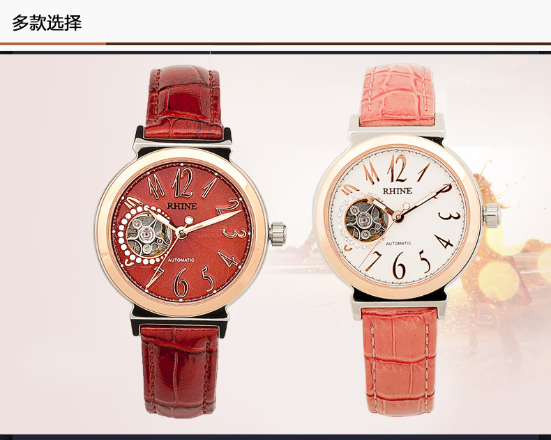 莱茵 手表镶钻皮带机械进口机芯女表 防水复古皮带腕表 r89233l【价格