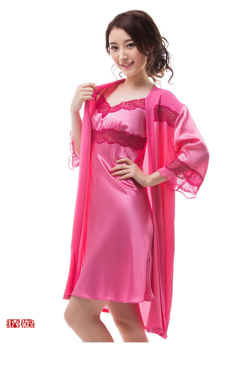 绣娘丝绸锦瑟睡袍睡衣女夏长袖真丝优雅纯色高贵蕾丝刺绣家居服