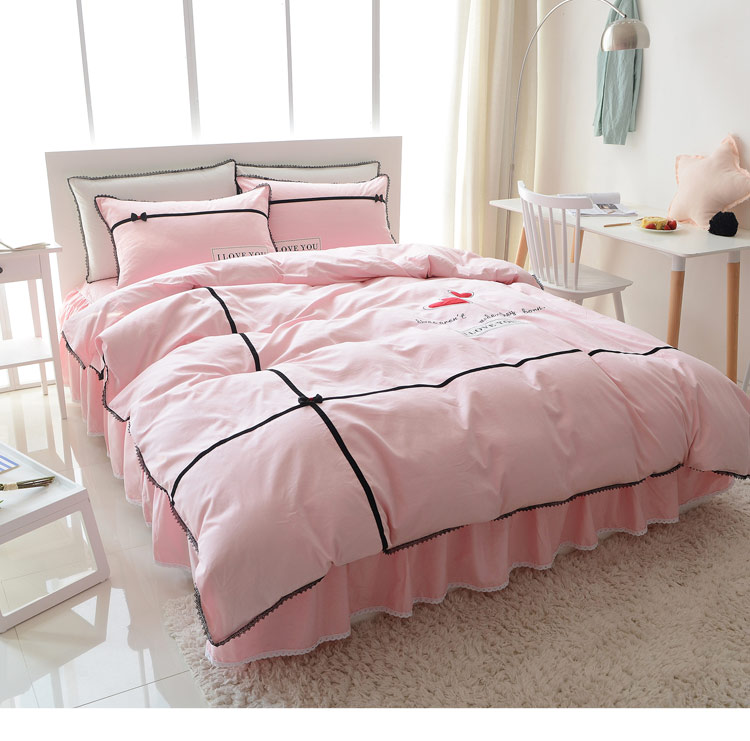 少女心爱心纯色全棉床上用品床罩四件套纯棉公主风床裙蕾丝被套