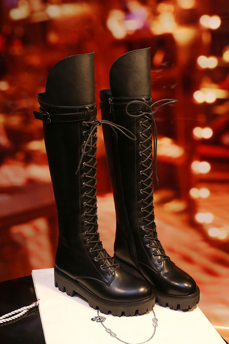 caetient2017秋冬过膝长靴女绑带圆头平底低跟英伦时尚骑士靴欧美秋季