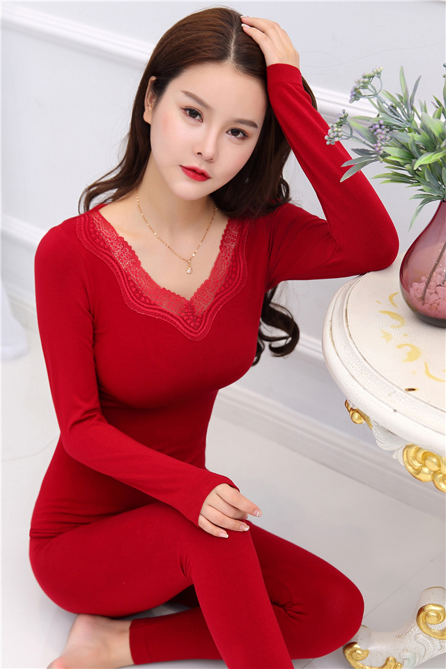 薇姬桑妮性感v领女士贴身蕾丝刺绣加厚保暖内衣套装莫代尔秋衣秋裤