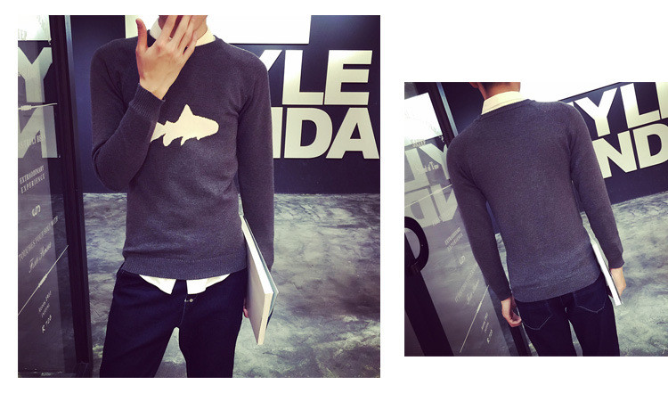 范秀2015秋冬圆领套头毛衣鱼图案男士加大码日系复古针织衫潮