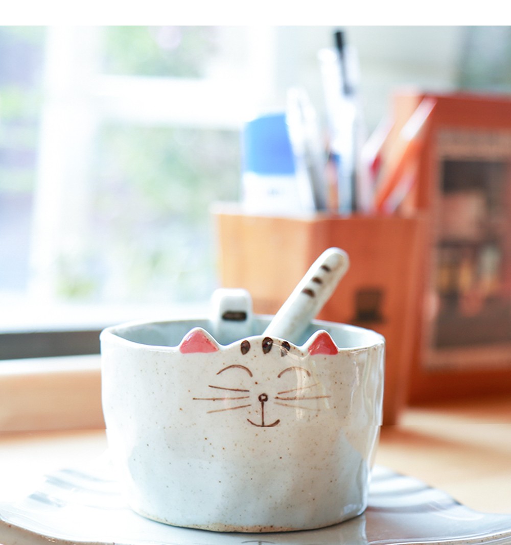 鼎亨日式萌物猫咪陶瓷杯手工咖啡杯带碟带勺卡通趣味水杯礼品