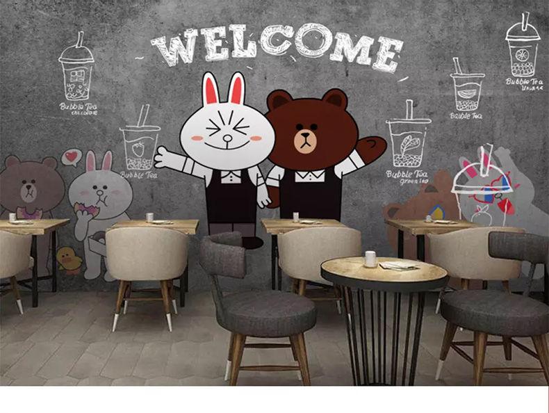 卡通布朗熊奶茶店墙纸工业风复古木纹壁纸夏日冷饮甜品店装饰壁画rwp