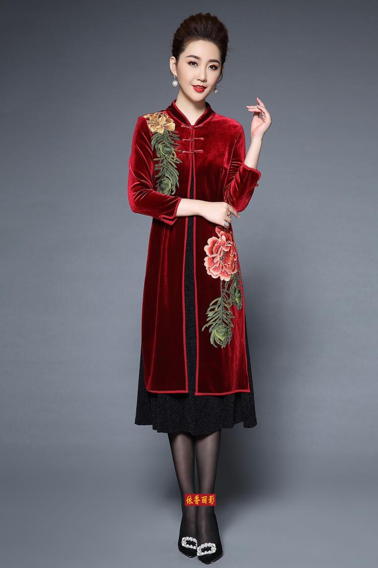 婚礼妈妈装结婚宴礼服秋冬两件套装中长款旗袍金丝绒长袖连衣裙女