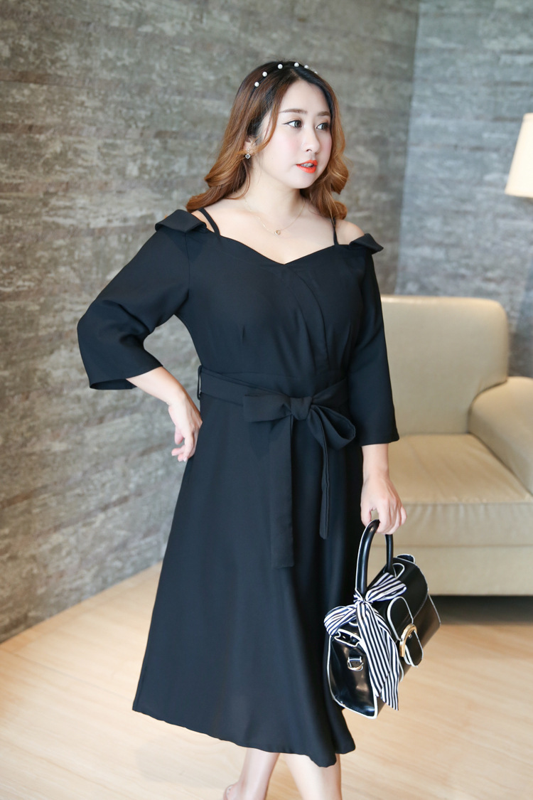 郝啦加肥加大码200斤胖mm名媛气质v领高腰中长款七分袖雪纺连衣裙