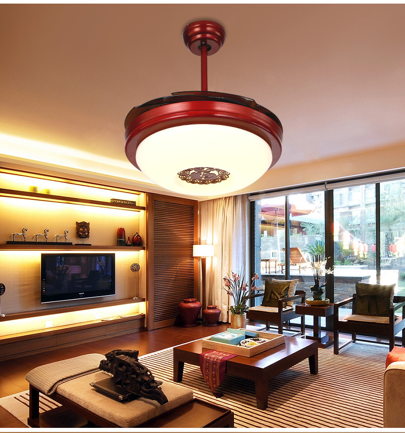 中式仿古隐形风扇灯 欧式带led风扇吊灯餐厅客厅复古吊扇灯可变光