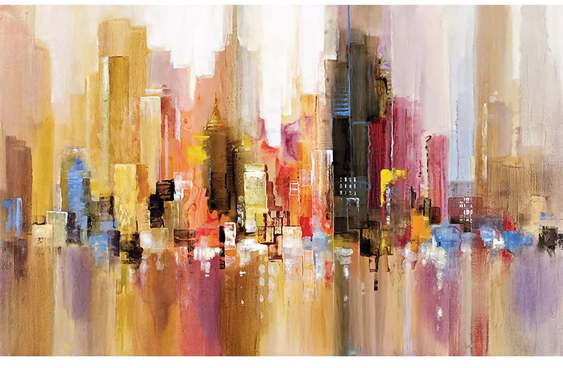 手绘抽象个性艺术壁纸复古壁画咖啡厅城市油画客厅电视背景墙墙纸kw