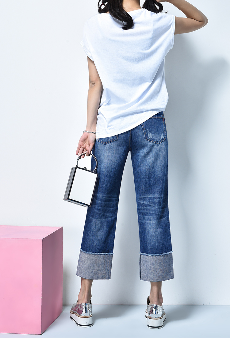 逸阳秋季韩版侧条纹宽直筒挽边裤脚九分牛仔裤