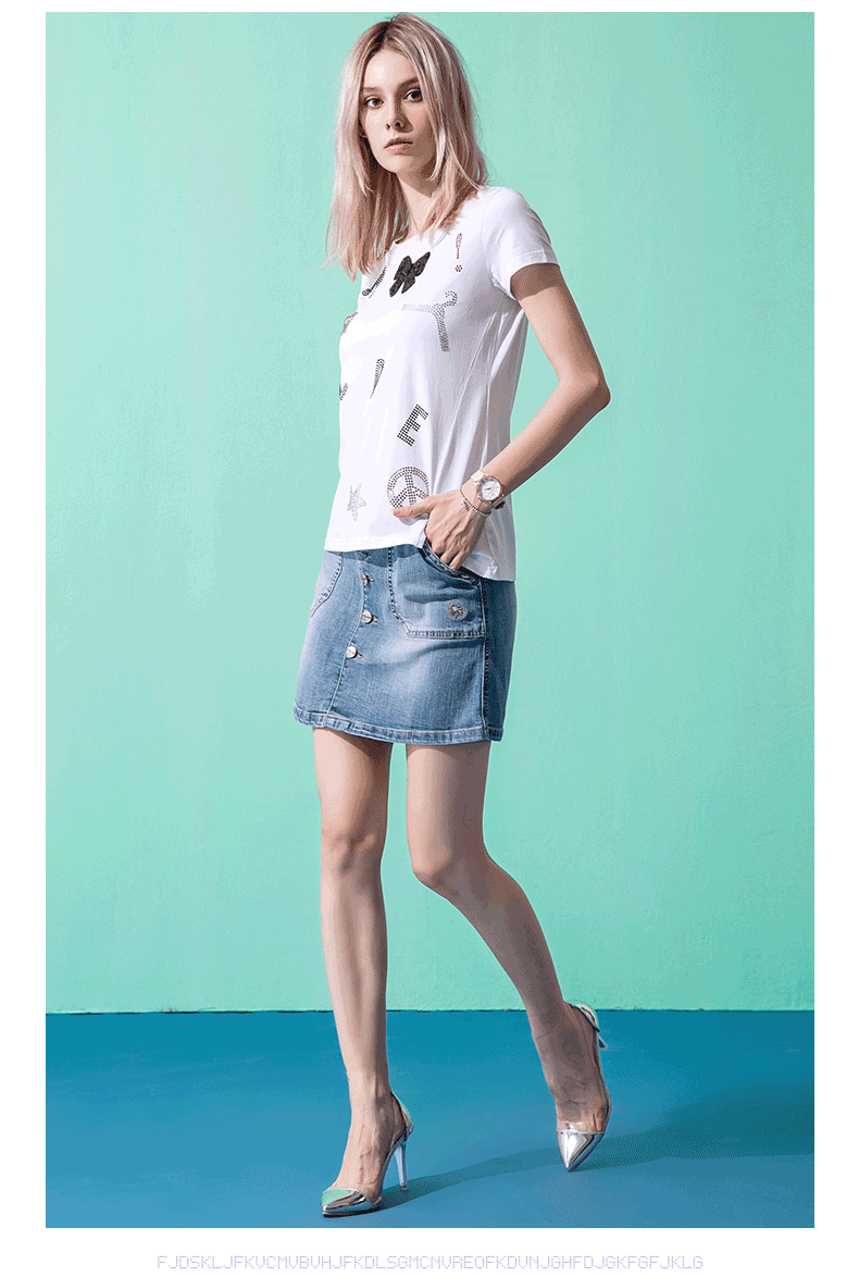 bs2b小魔鱼2017夏新高弹力开叉圆领短袖女绣花女装学生t恤修身潮