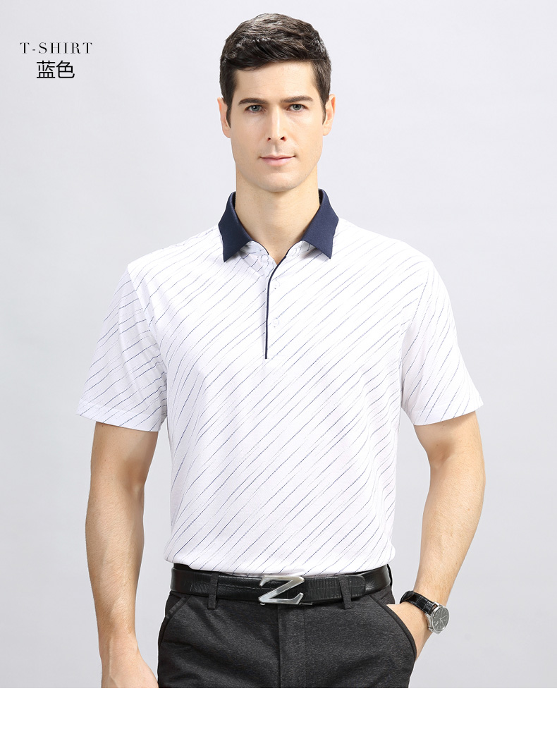 男装t恤培罗蒙夏装新款条纹桑蚕丝t恤男短袖商务翻领条纹t恤衫薄款