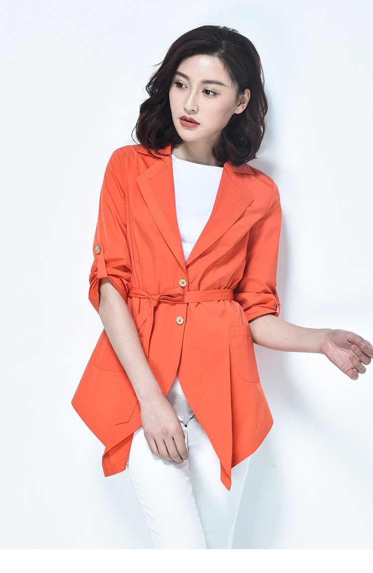 逸阳女裤逸阳春夏季女装修身彩色七分袖系扣风衣上衣女外套薄0163