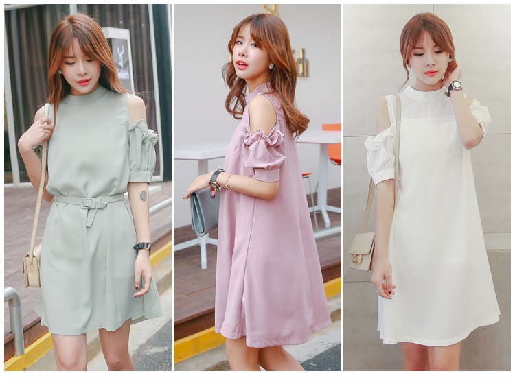 maggiequeen韩版2017三色棉麻露肩系腰带连衣裙中长裙8321a-1813-p65