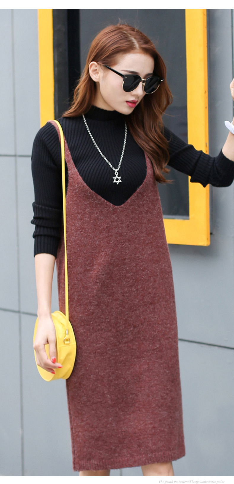 qma新款背心裙背带裙宽松针织连衣裙秋冬毛线裙中长款v领吊带裙毛衣裙