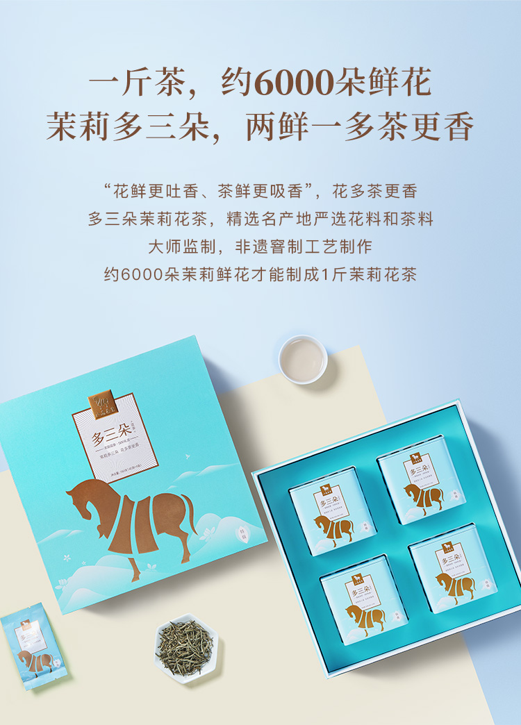 八马茶叶新品茉莉花茶特级横县茉莉花多三朵茉莉花茶礼盒装160g