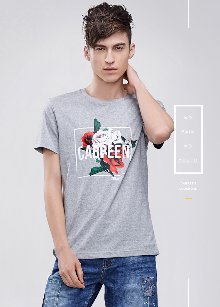 卡宾夏季休闲男装 纯棉圆领植物印花男士短袖t恤衫b/3162132042