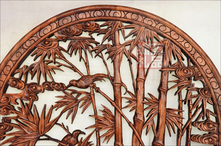 东阳木雕挂件壁饰客厅背景墙装饰画香樟木雕刻艺术品圆形竹报平安