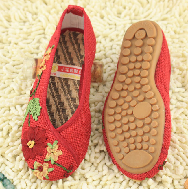 fishbasket小花园绣花鞋布鞋亚麻串花牛筋底女鞋旗袍鞋米圆头休闲鞋