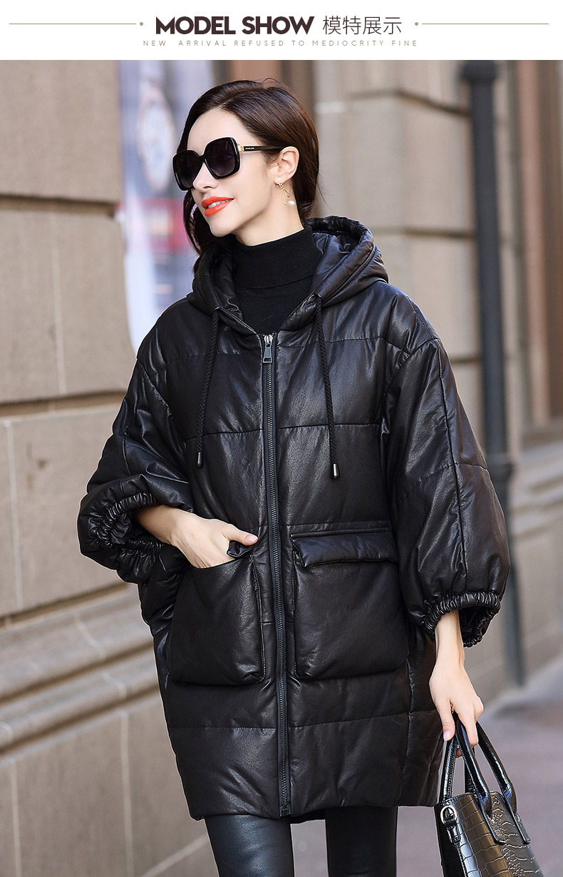 hunnz真皮皮衣女羽绒服女绵羊皮2018冬季新款休闲连帽外套女黑色