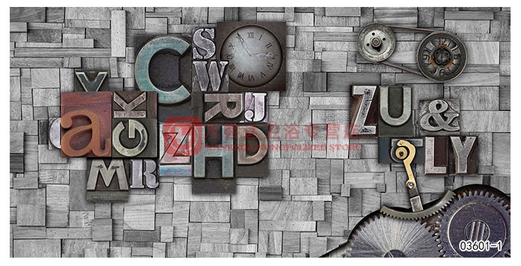 复古怀旧工业风3d木纹字母墙纸机械金属壁画奶茶咖啡店网咖壁纸无缝