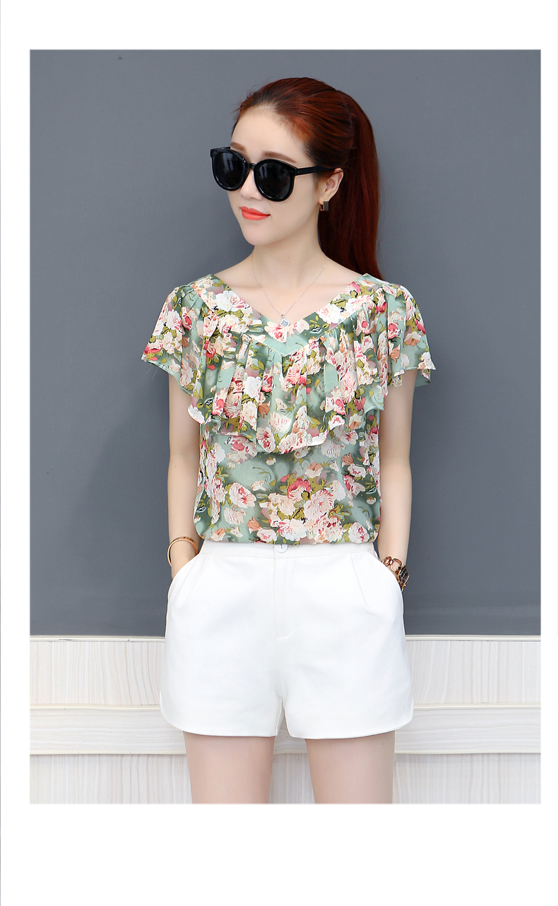 2018夏季新款短袖碎花雪纺衫女装潮夏天韩版百搭时尚小衫女上衣服