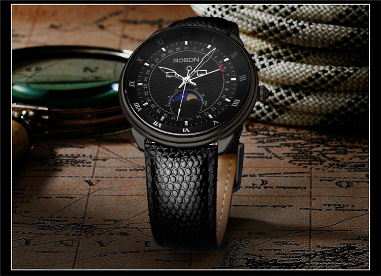 自营 劳士顿(rosdn)男士经典复古月相男表 时尚休闲双日历皮带防水