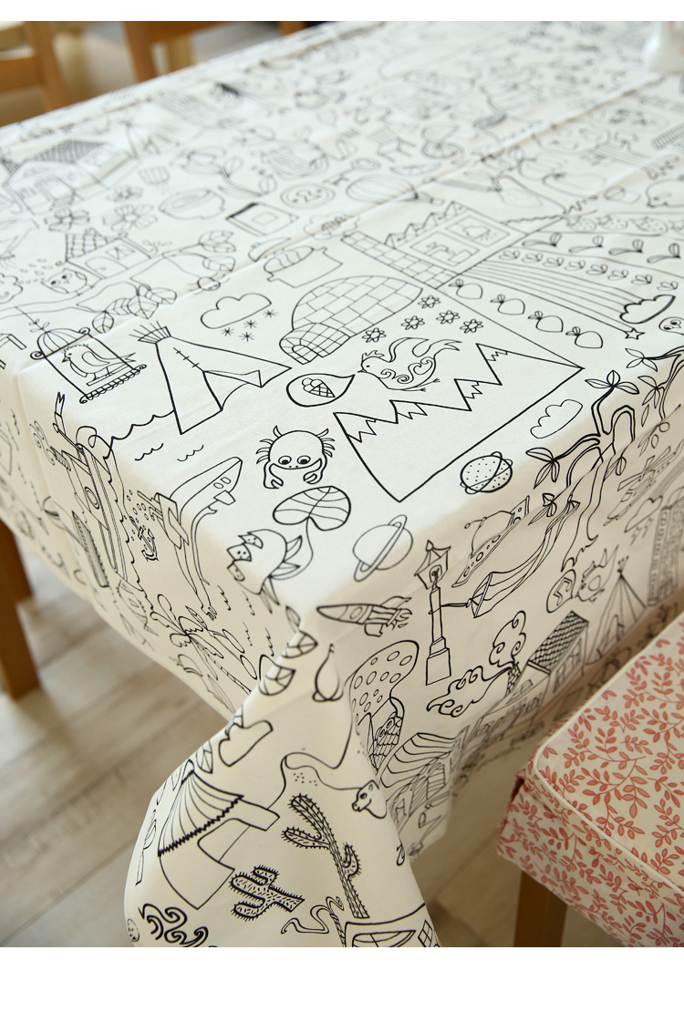 黑白系列白底小波点猫咪粉可爱手绘棉麻家居系列桌布餐桌布书桌布