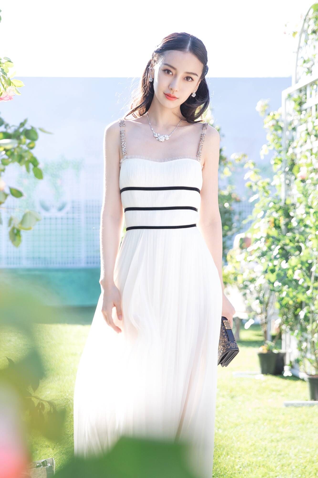 芝顿连衣裙 828新款杨颖同款白色字母吊带裙夏2017新款及踝chic长裙仙